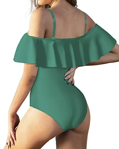 Adjustable Strapless Flounce Ruffled Swimsuit For Girls And Women-Teal