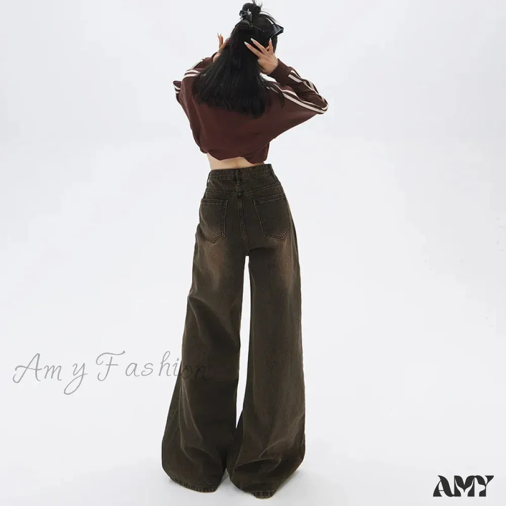 Amy Fashion - Loose Vintage Korean for Women High Waist Fashion Streetwear Casual Denim Femme Y2K Wide Leg Straight Jean