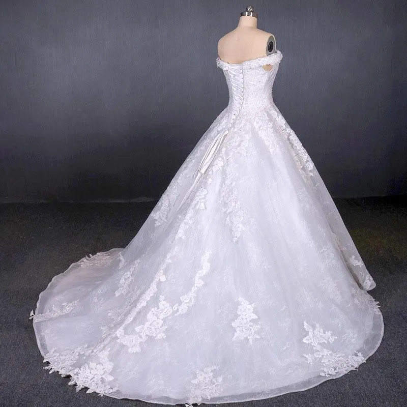 Ball Gown Off Shoulder Appliques Wedding Dresses, Puffy Lace Appliqued Bridal Dress UQ2352
