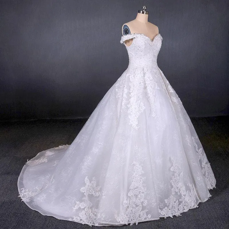 Ball Gown Off Shoulder Appliques Wedding Dresses, Puffy Lace Appliqued Bridal Dress UQ2352