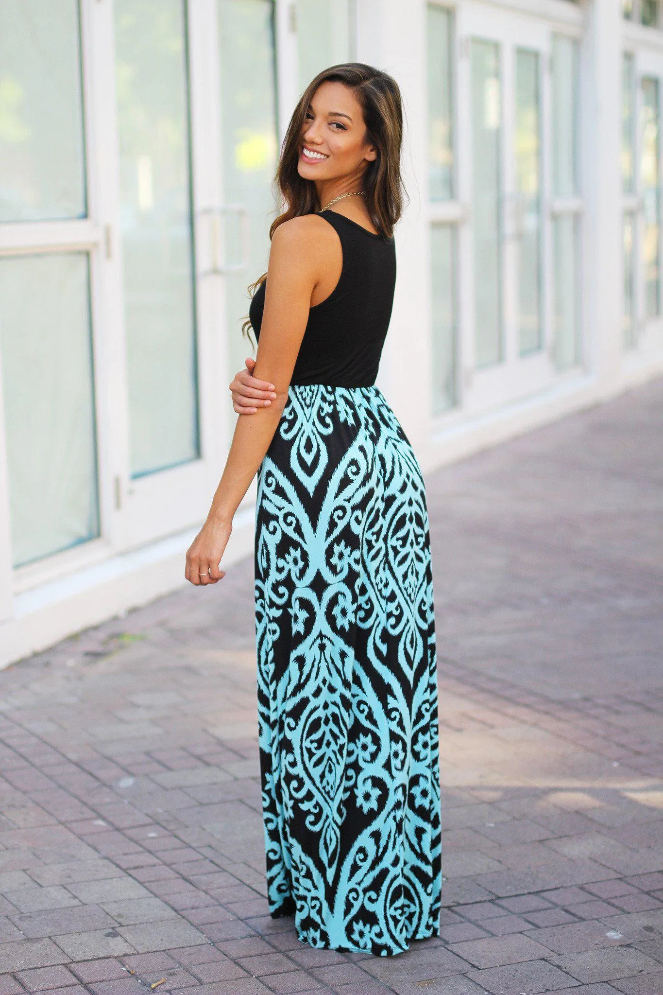 Black And Aqua Printed Maxi Dress