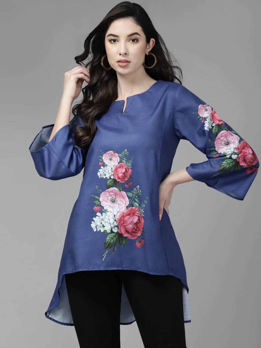 Blue & Pink Printed High-Low Tunic