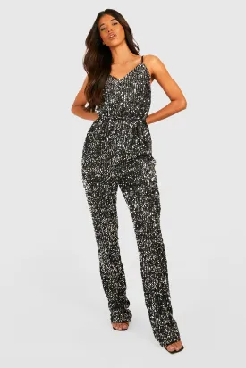 Boohoo Sequin Tall Jumpsuit, Silver