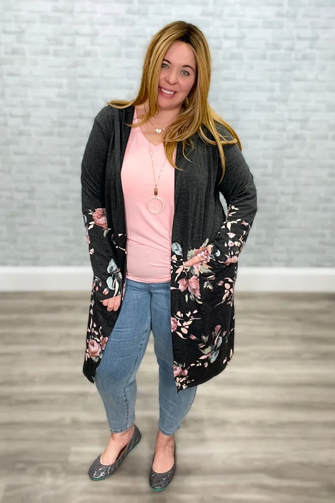 Charcoal and Pink Hoodie Cardigan with Color Block Solid & Floral Print