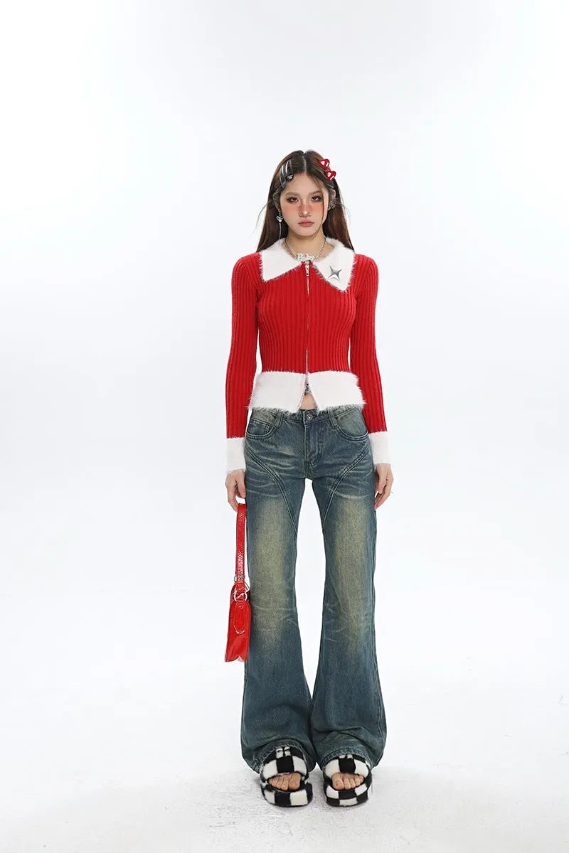 Deanna Patchwork Red Ribbed Long Sleeve White Collar Sleeve Zip Up Top