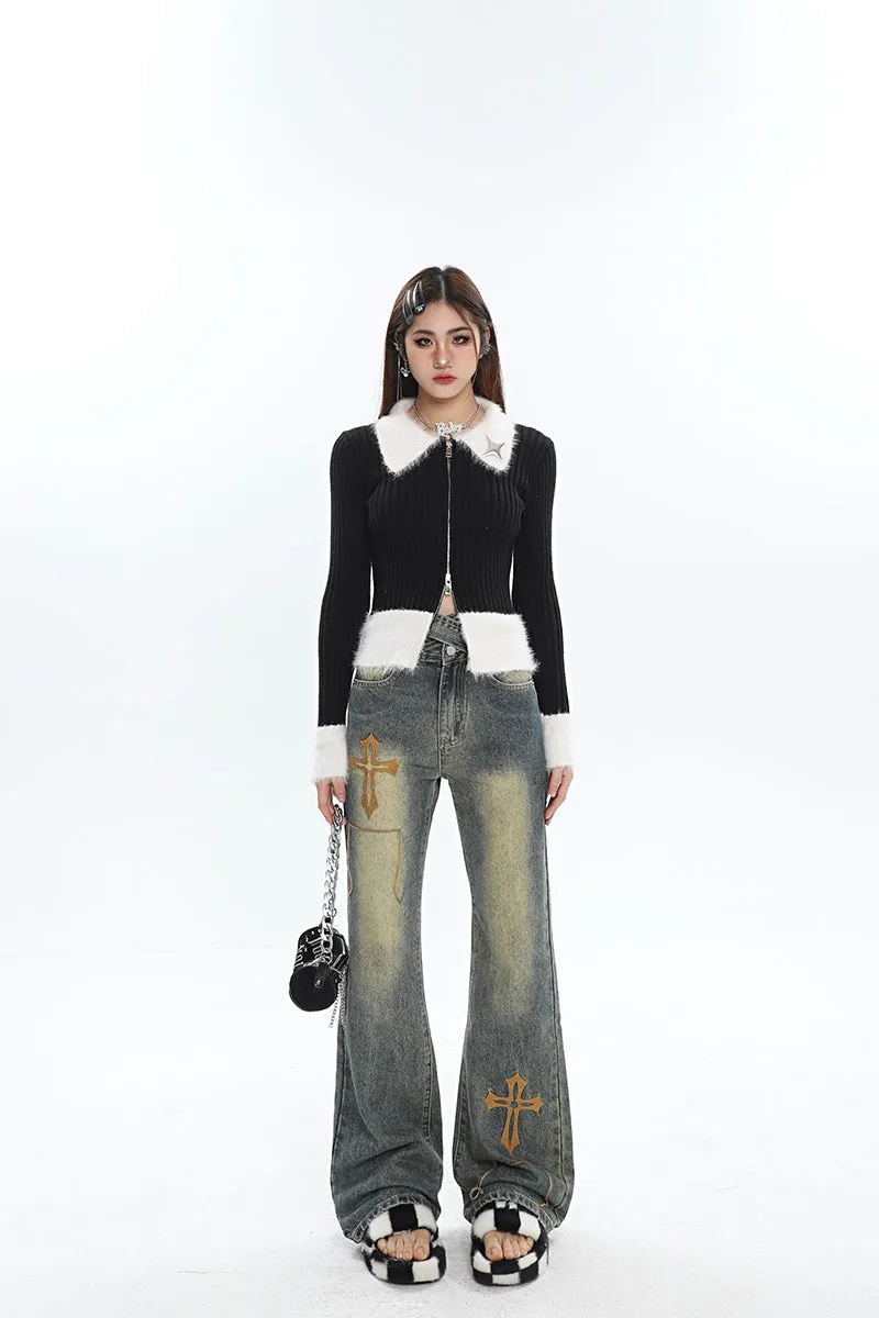 Deanna Patchwork Red Ribbed Long Sleeve White Collar Sleeve Zip Up Top