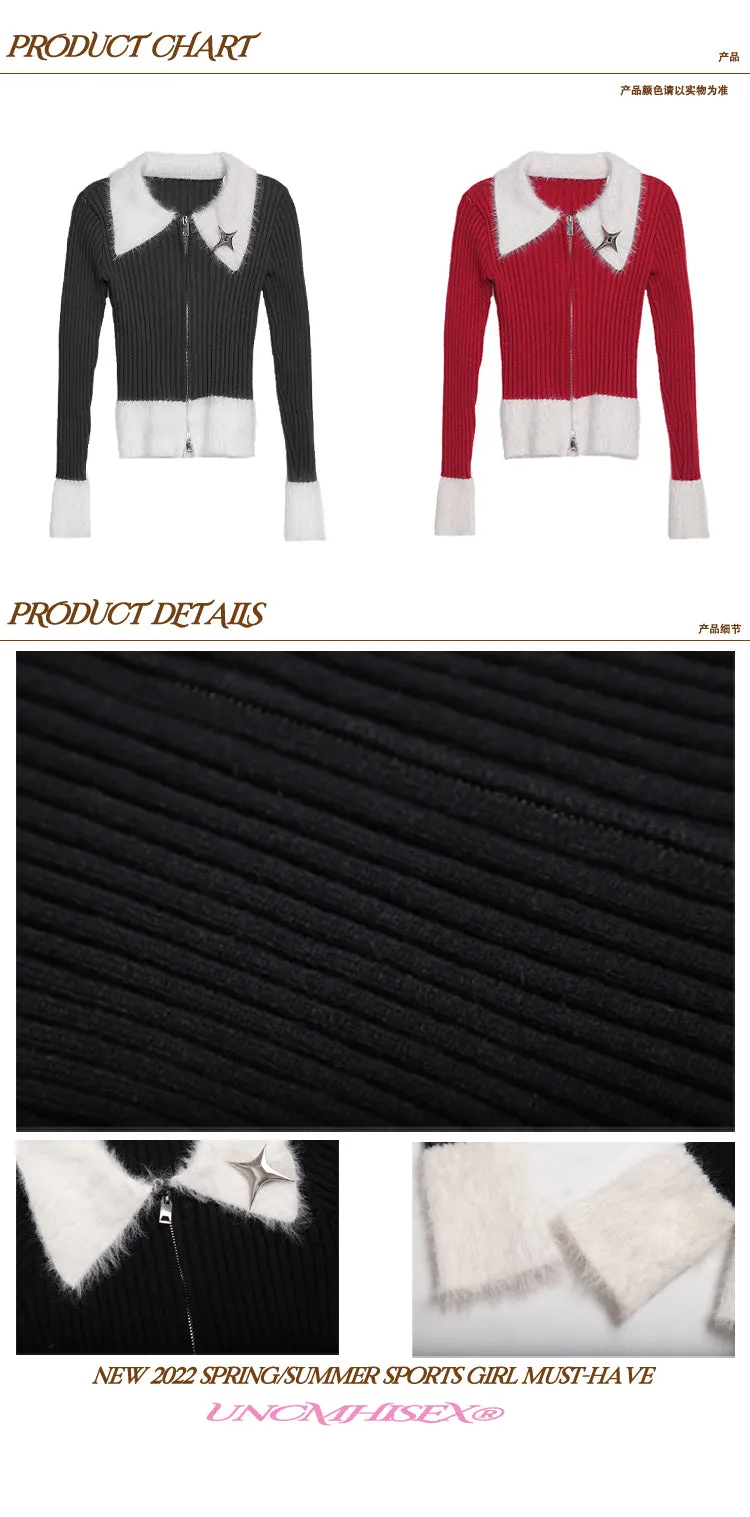Deanna Patchwork Red Ribbed Long Sleeve White Collar Sleeve Zip Up Top