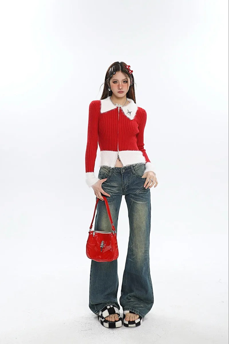 Deanna Patchwork Red Ribbed Long Sleeve White Collar Sleeve Zip Up Top