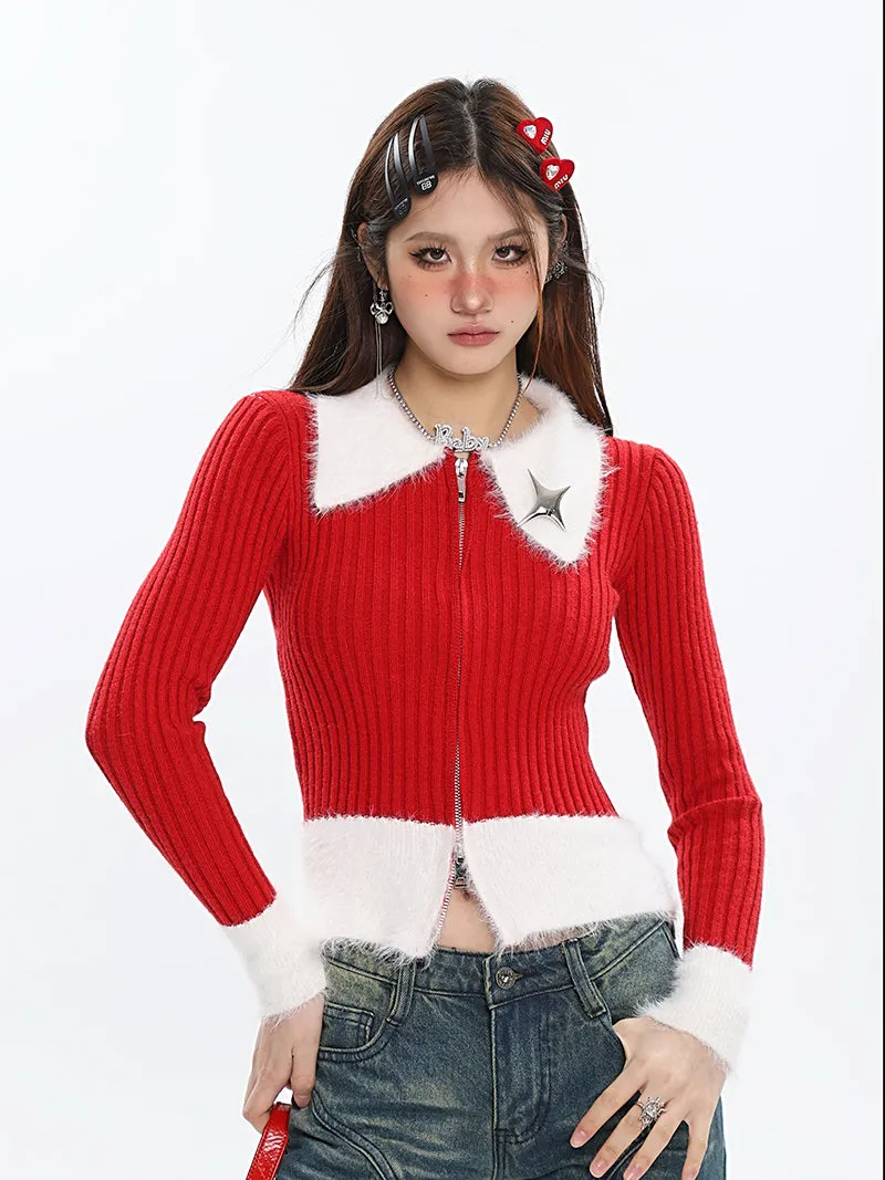 Deanna Patchwork Red Ribbed Long Sleeve White Collar Sleeve Zip Up Top