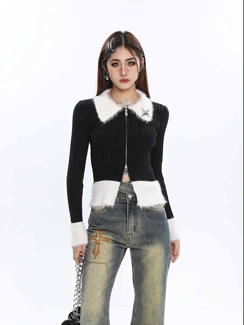 Deanna Patchwork Red Ribbed Long Sleeve White Collar Sleeve Zip Up Top