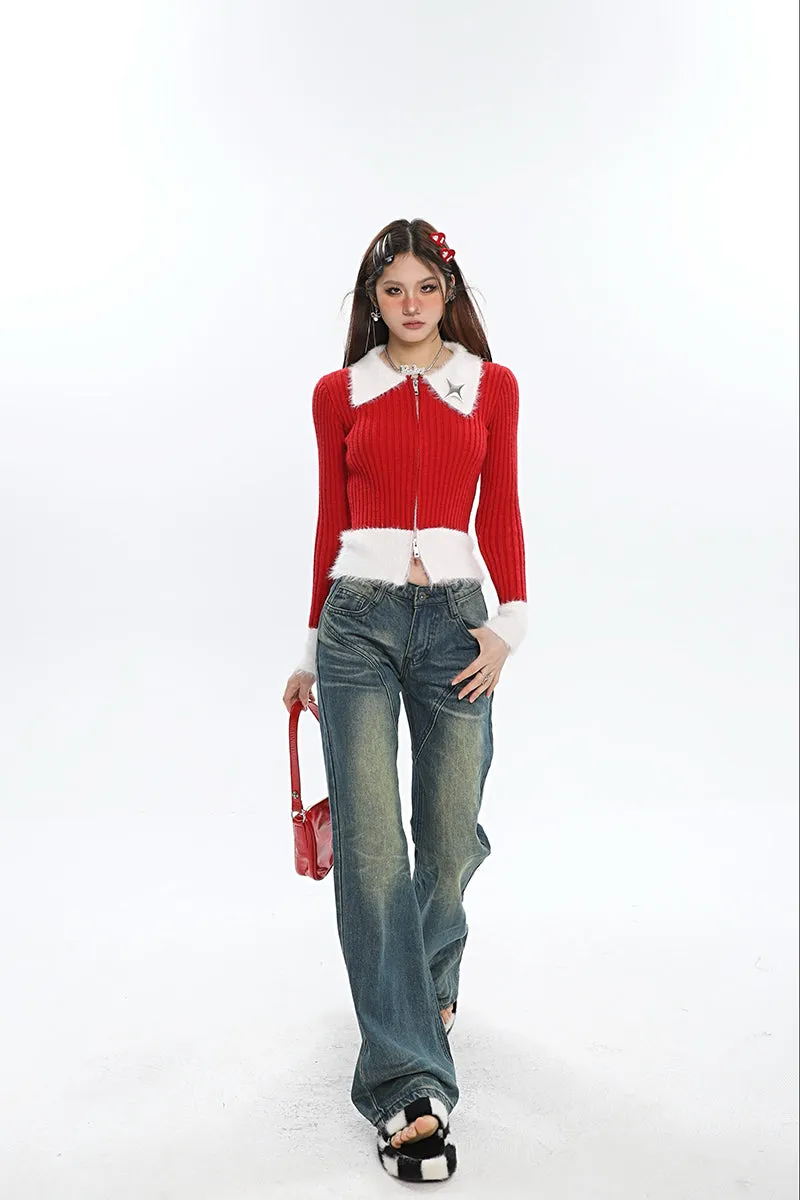 Deanna Patchwork Red Ribbed Long Sleeve White Collar Sleeve Zip Up Top