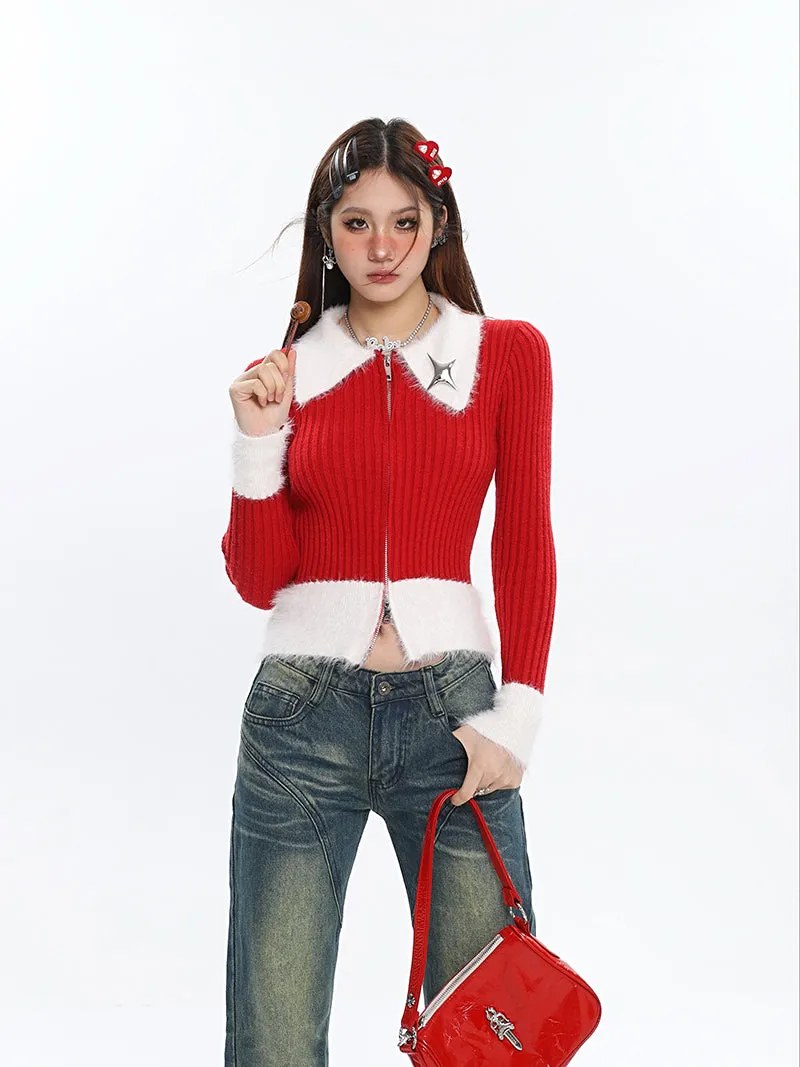 Deanna Patchwork Red Ribbed Long Sleeve White Collar Sleeve Zip Up Top