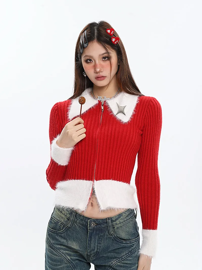 Deanna Patchwork Red Ribbed Long Sleeve White Collar Sleeve Zip Up Top