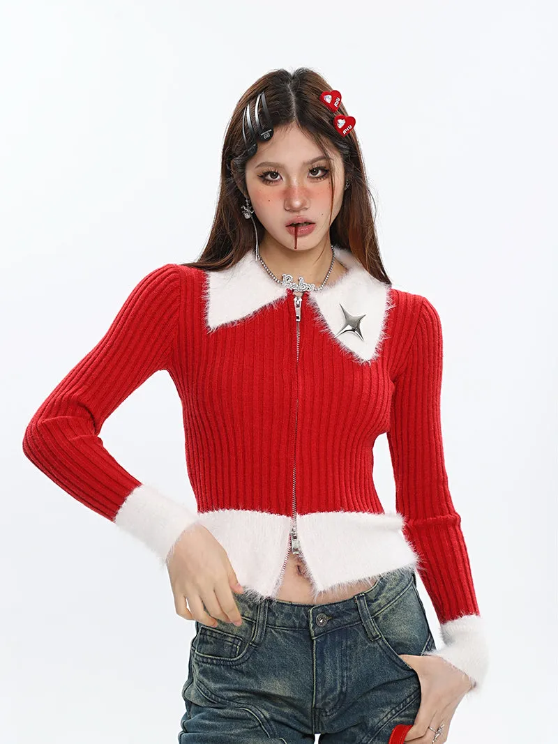Deanna Patchwork Red Ribbed Long Sleeve White Collar Sleeve Zip Up Top
