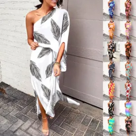 DUNNMALL  European and American Women's Clothing Skirt Independent Stand Sexy Temu Oblique Shoulder Temperament Unilateral Sleeve Dress Women