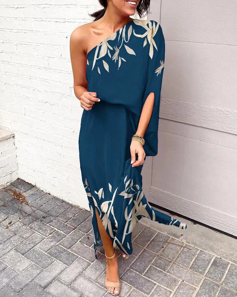 DUNNMALL  European and American Women's Clothing Skirt Independent Stand Sexy Temu Oblique Shoulder Temperament Unilateral Sleeve Dress Women