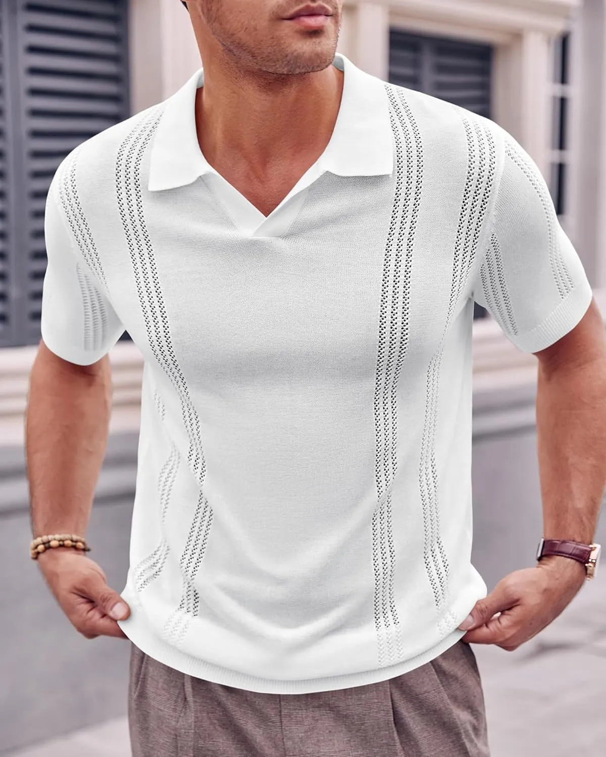 European And American Fashion Men's Knitted Polo Shirt Short Sleeve V-neck Hollow