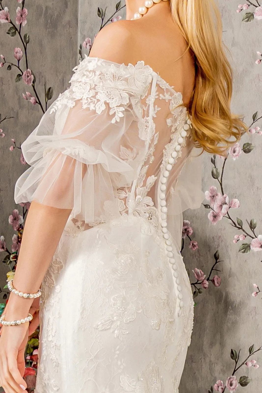 Floral Embroidery Bead Sheer Sleeves Mesh Mermaid Wedding Gown GLGL3479