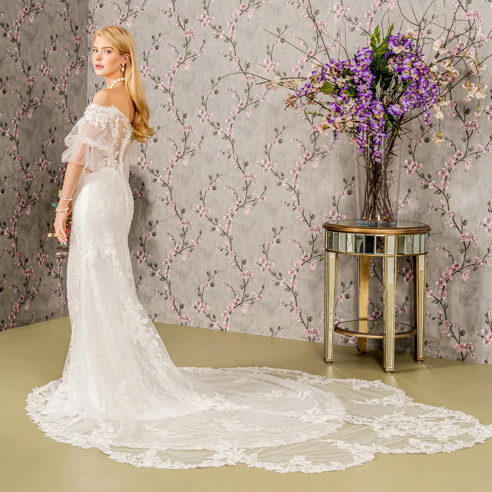 Floral Embroidery Bead Sheer Sleeves Mesh Mermaid Wedding Gown GLGL3479