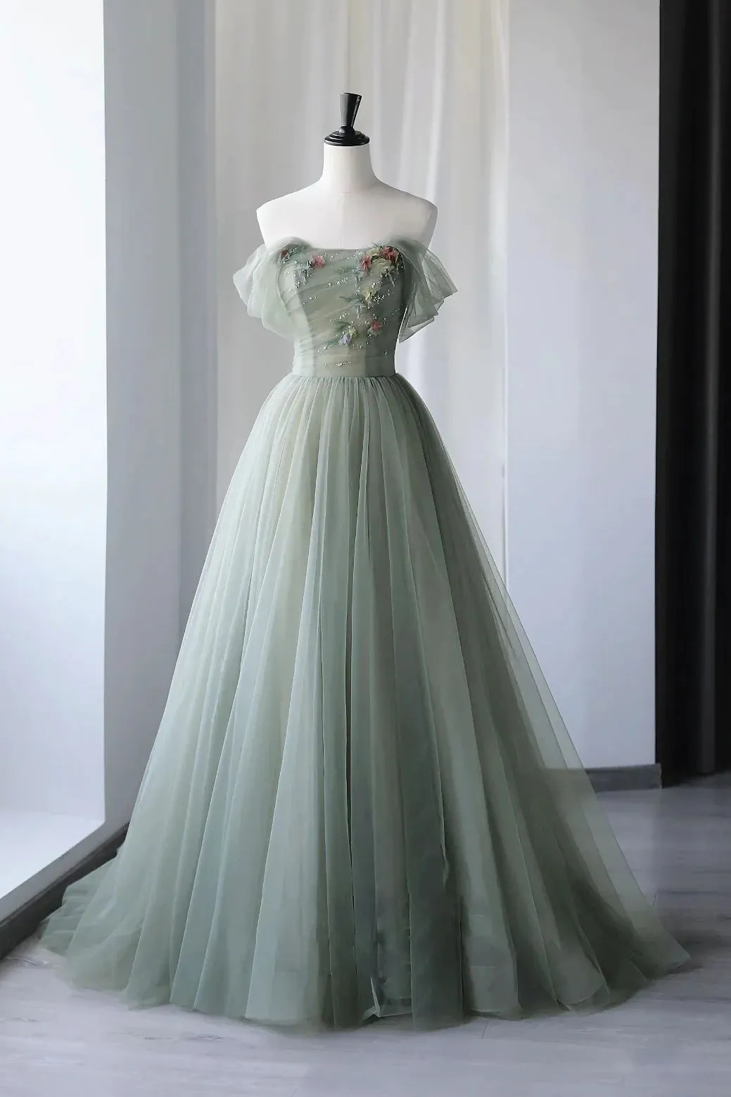 Gray Green Tulle Off the Shoulder Long Prom Dress New Arrival Evening Gown UQP0232