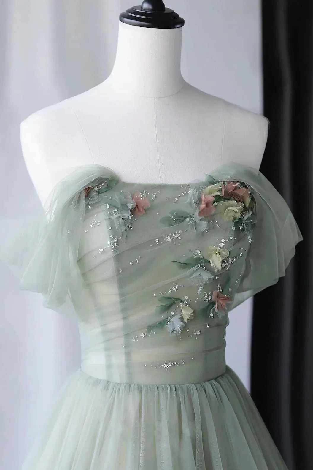 Gray Green Tulle Off the Shoulder Long Prom Dress New Arrival Evening Gown UQP0232