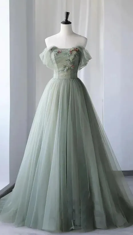 Gray Green Tulle Off the Shoulder Long Prom Dress New Arrival Evening Gown UQP0232