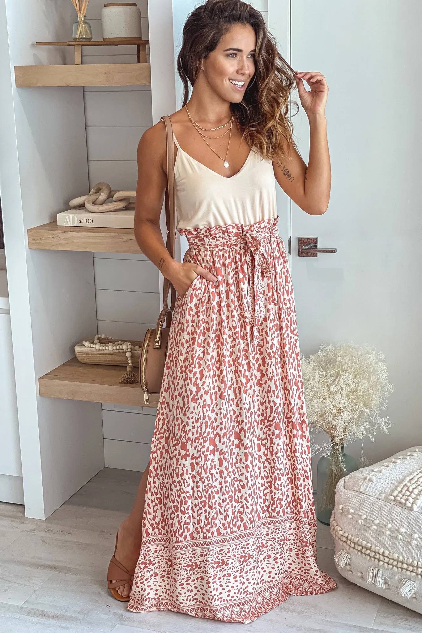 Ivory And Mauve Printed Maxi Dress With Slit