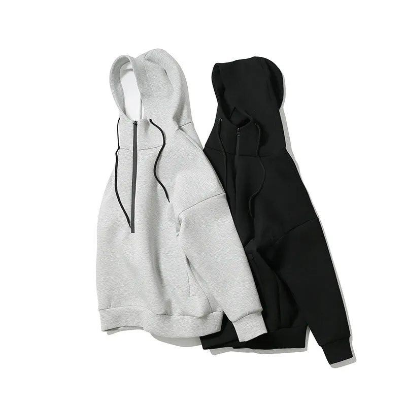 Japanese Retro Casual Solid Color Half Zipper Hoodie