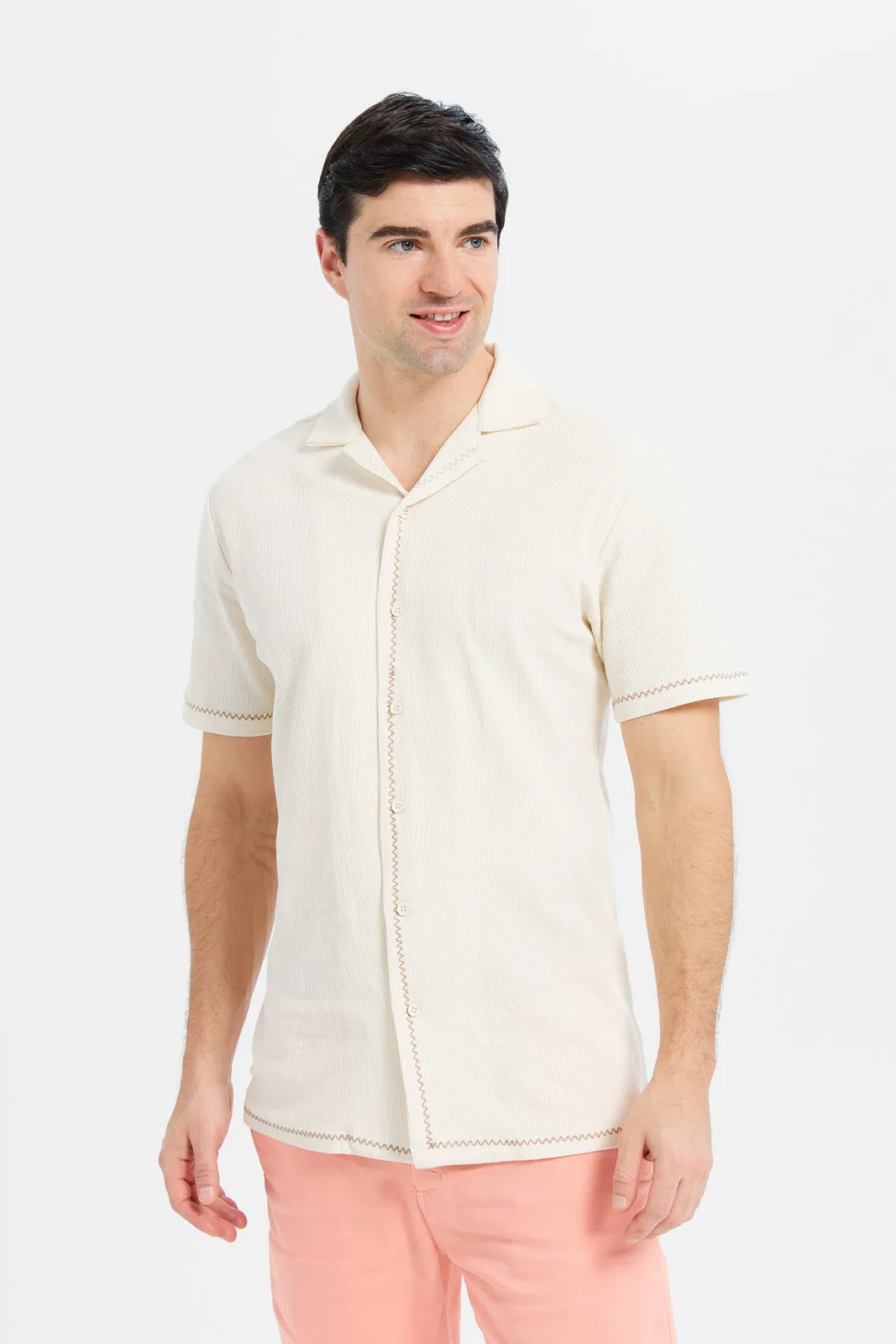 Men White Waffle Jacquard Shirt