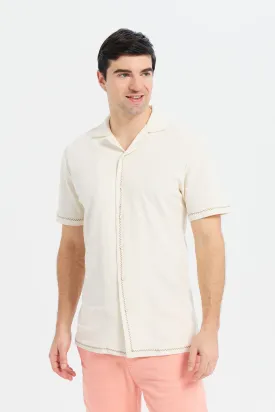 Men White Waffle Jacquard Shirt