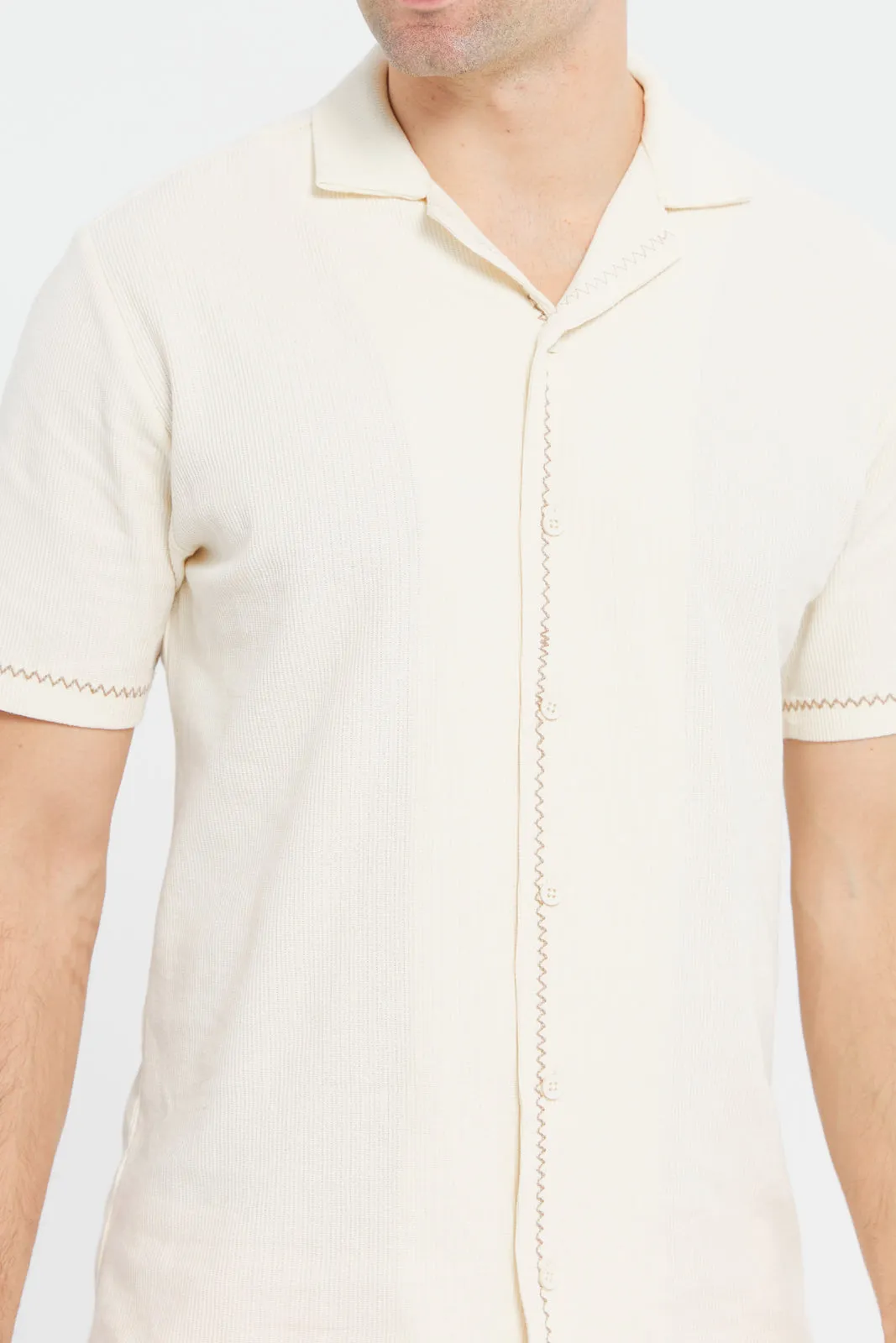 Men White Waffle Jacquard Shirt
