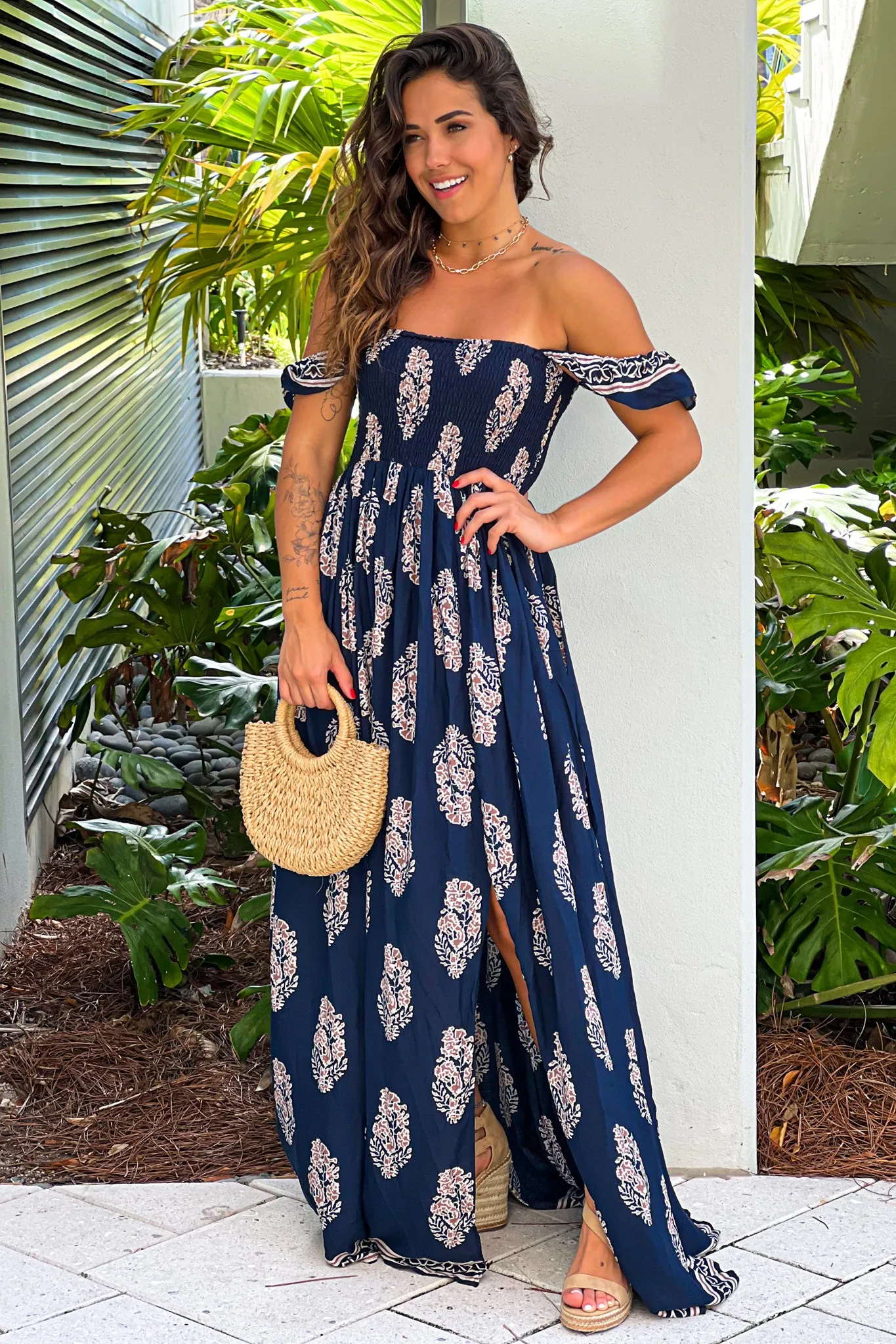 Navy Printed Off Shoulder Maxi Dress With Slit