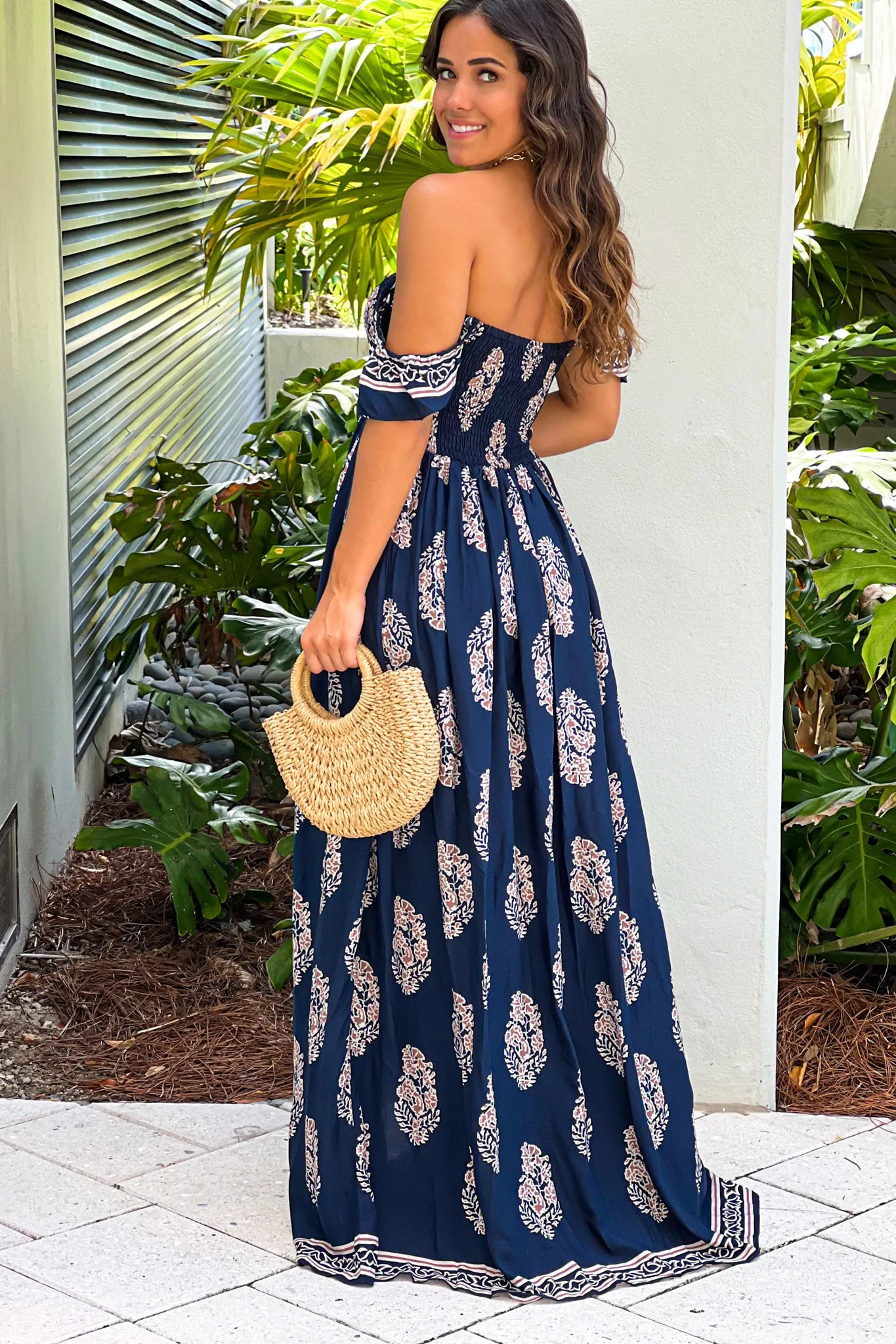 Navy Printed Off Shoulder Maxi Dress With Slit