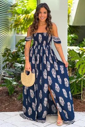 Navy Printed Off Shoulder Maxi Dress With Slit