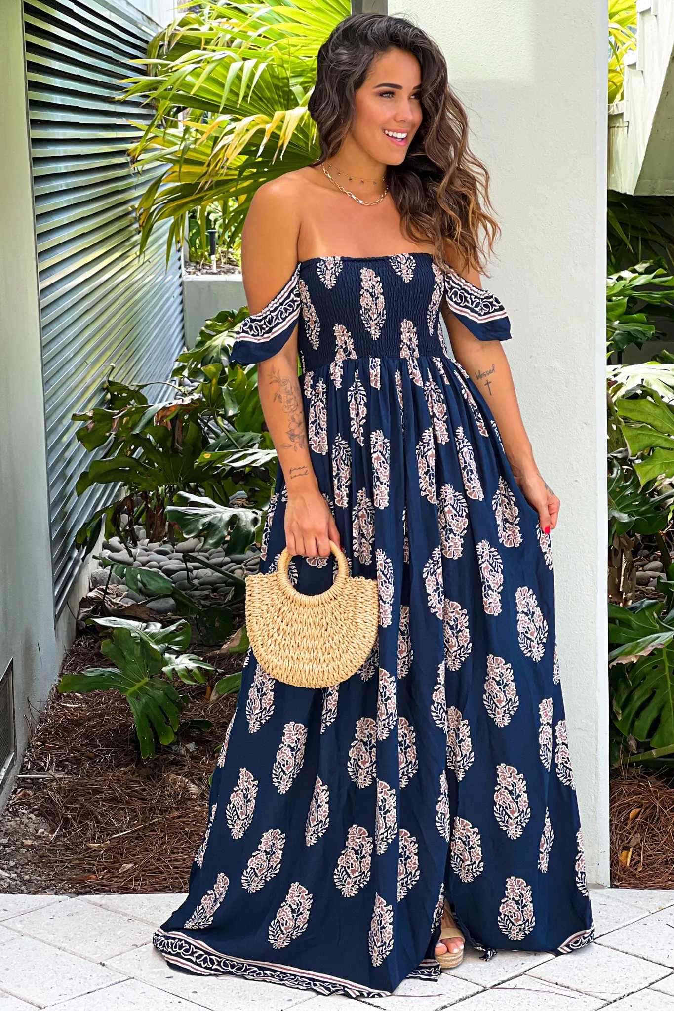 Navy Printed Off Shoulder Maxi Dress With Slit