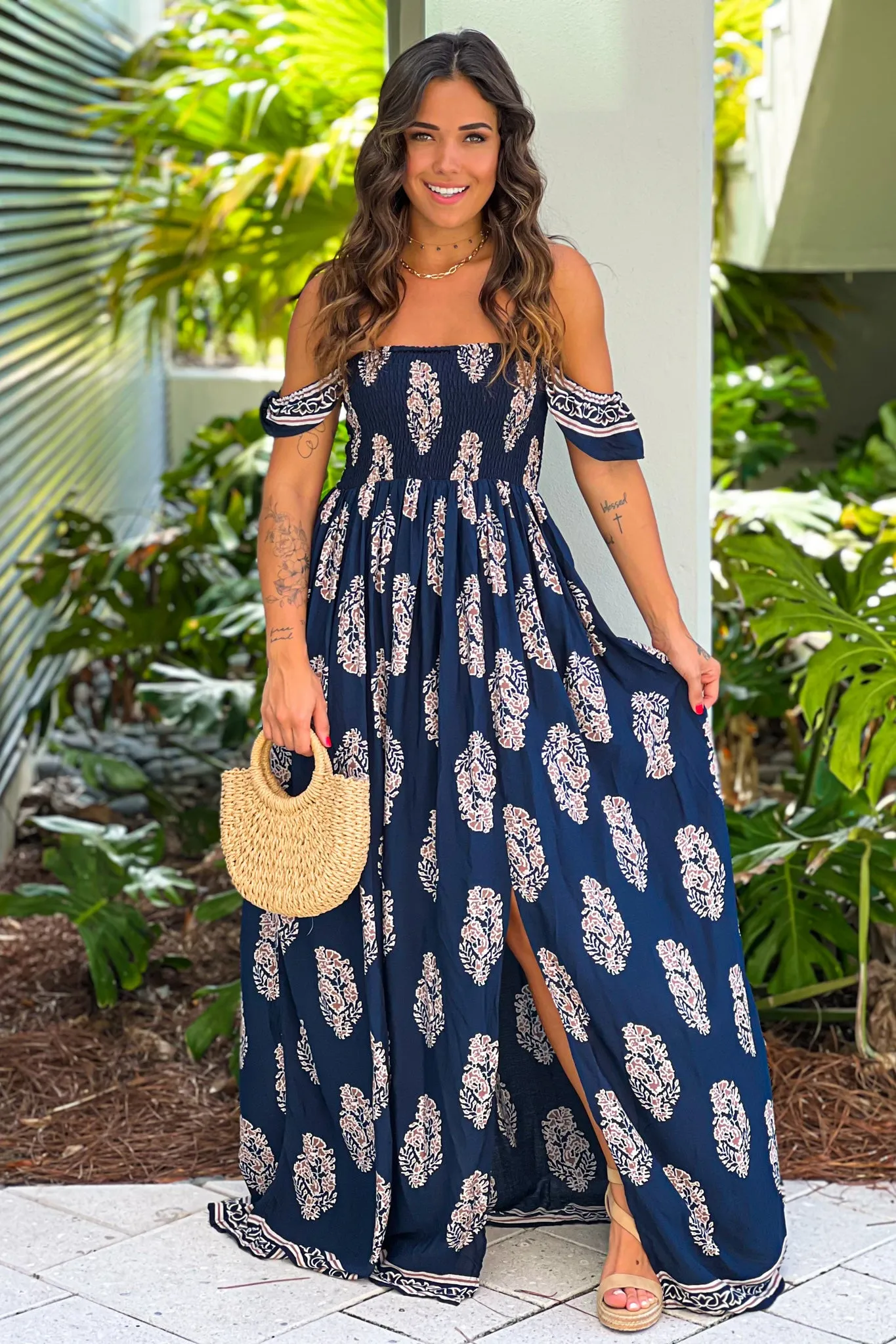 Navy Printed Off Shoulder Maxi Dress With Slit