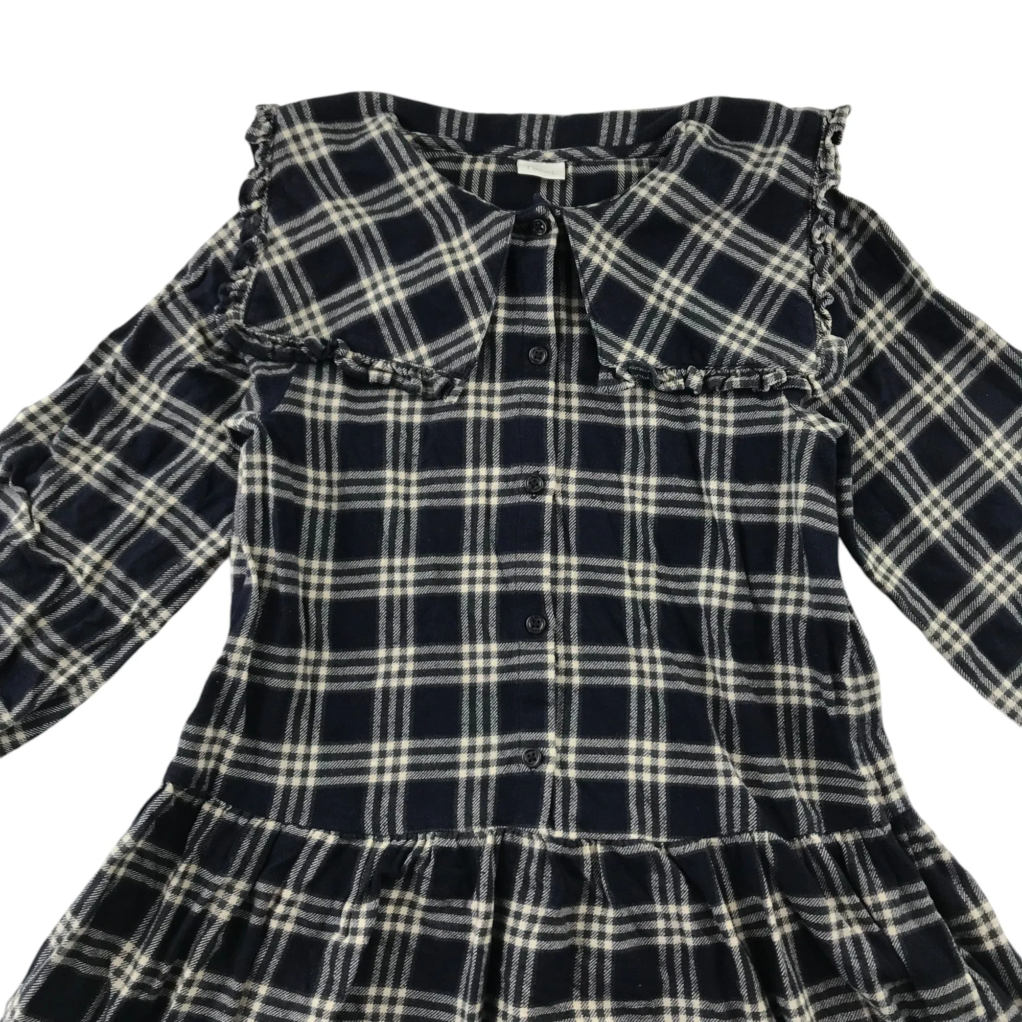 Next dress 5-6 years navy check pattern long sleeve drop waist contrast collar cotton