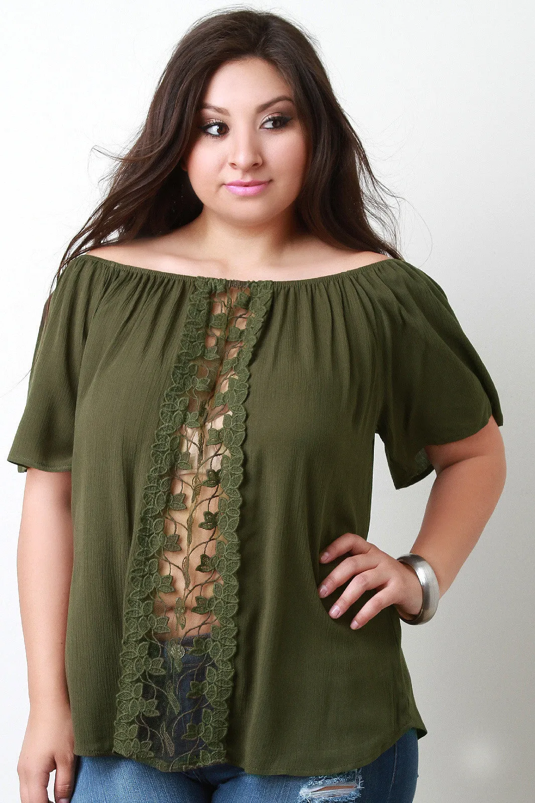 Off The Shoulder Crochet Lace Leaves Panel Top