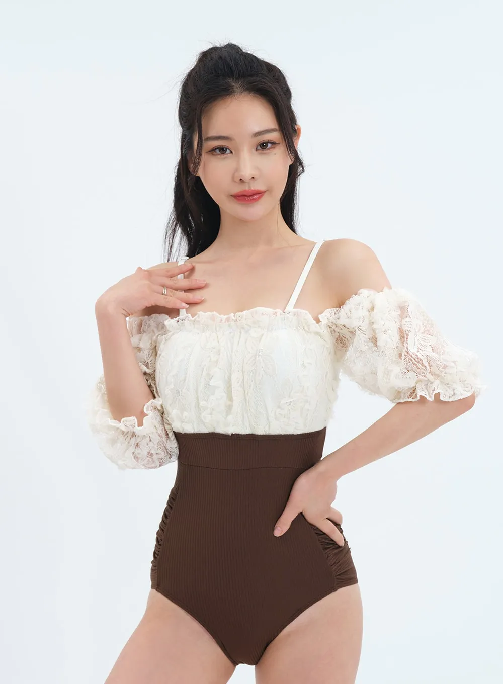 Off the Shoulder Lace Top One Piece Swimsuit