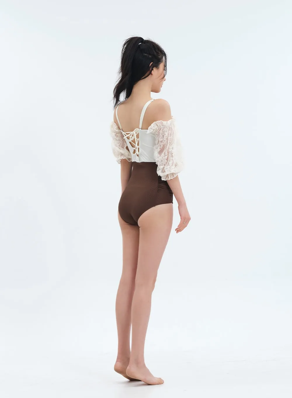 Off the Shoulder Lace Top One Piece Swimsuit
