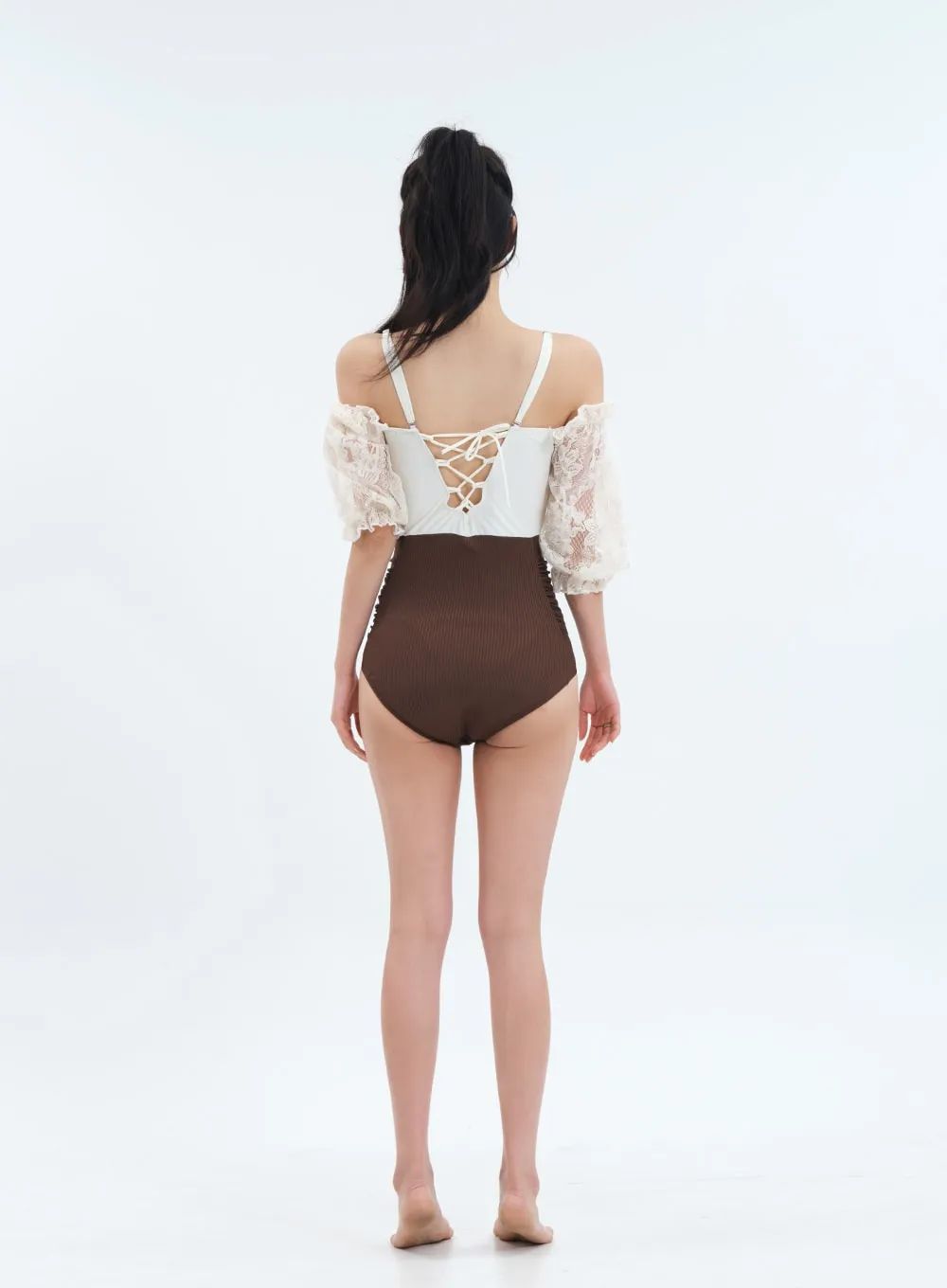 Off the Shoulder Lace Top One Piece Swimsuit