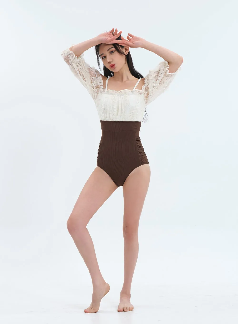 Off the Shoulder Lace Top One Piece Swimsuit