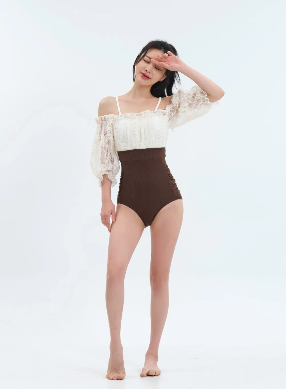 Off the Shoulder Lace Top One Piece Swimsuit