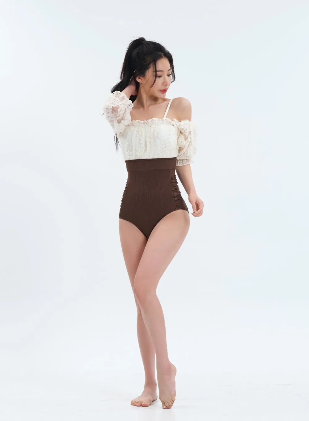 Off the Shoulder Lace Top One Piece Swimsuit