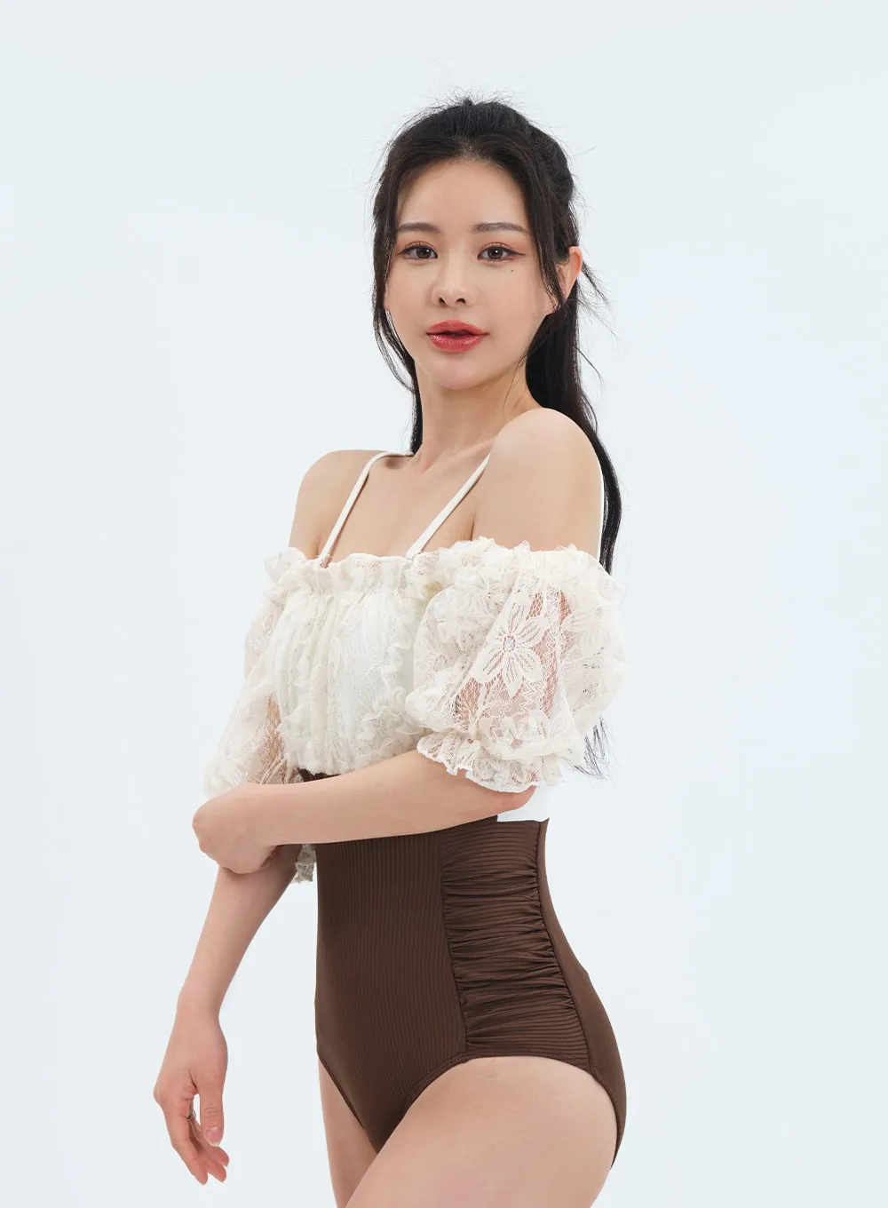 Off the Shoulder Lace Top One Piece Swimsuit