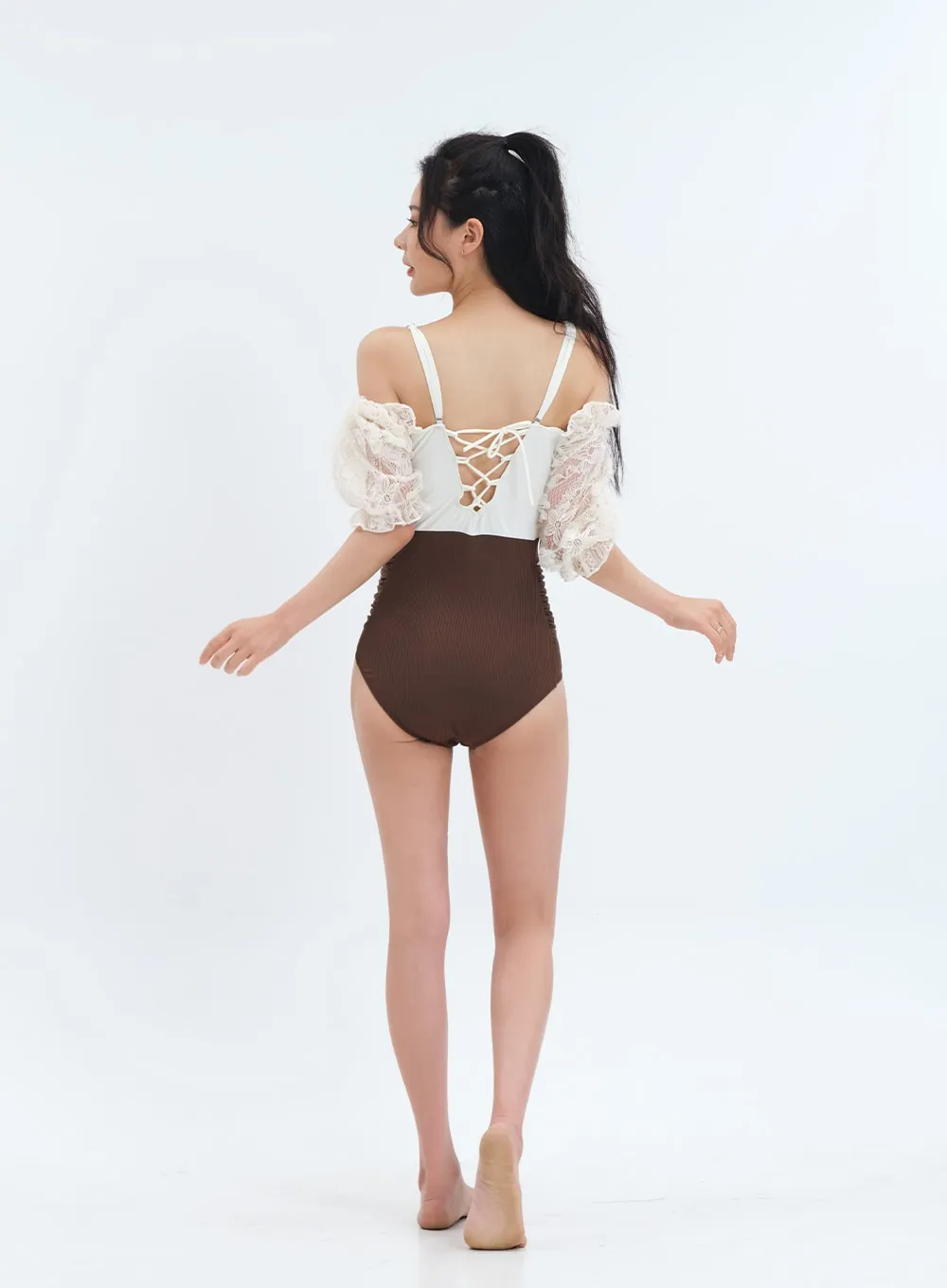 Off the Shoulder Lace Top One Piece Swimsuit