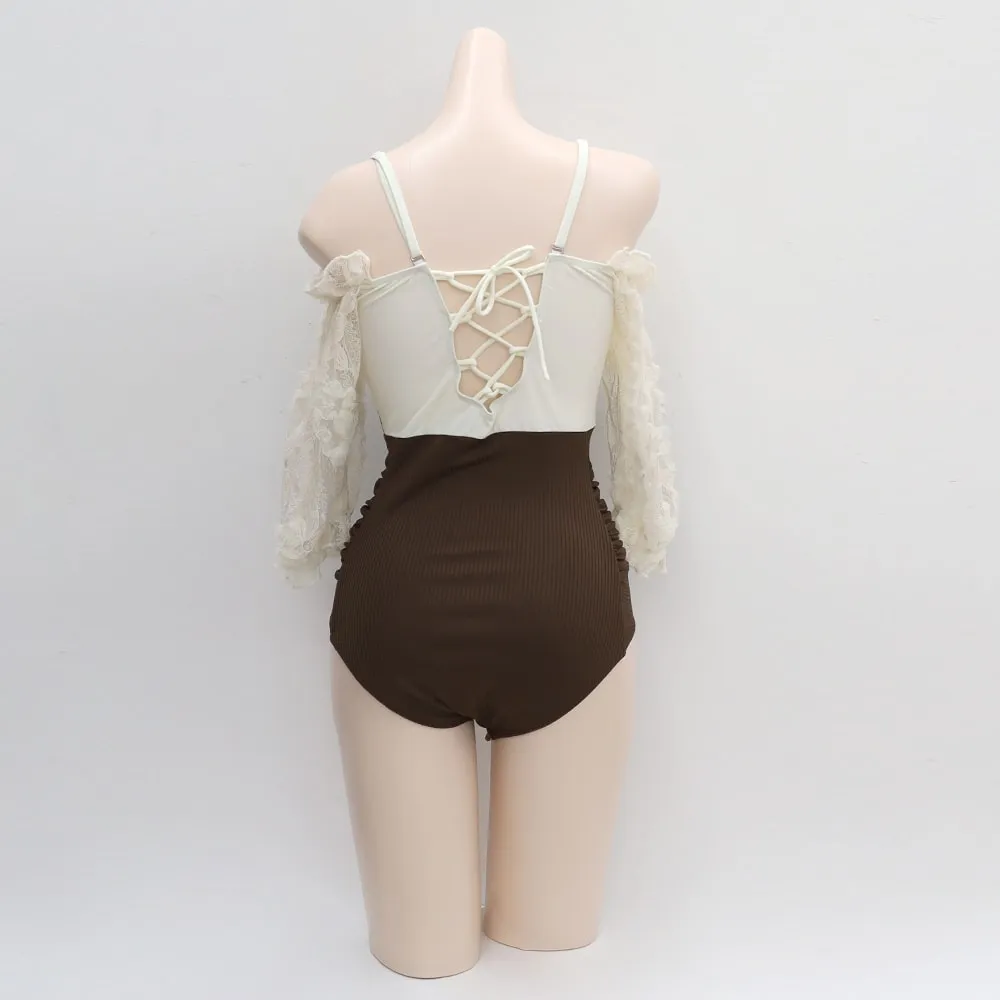 Off the Shoulder Lace Top One Piece Swimsuit