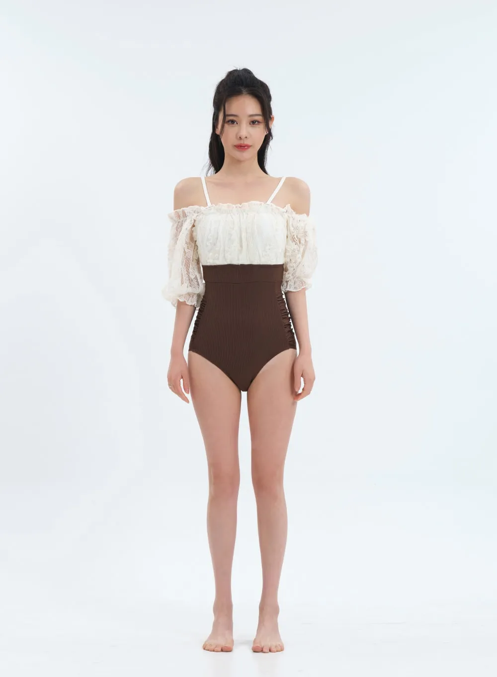 Off the Shoulder Lace Top One Piece Swimsuit