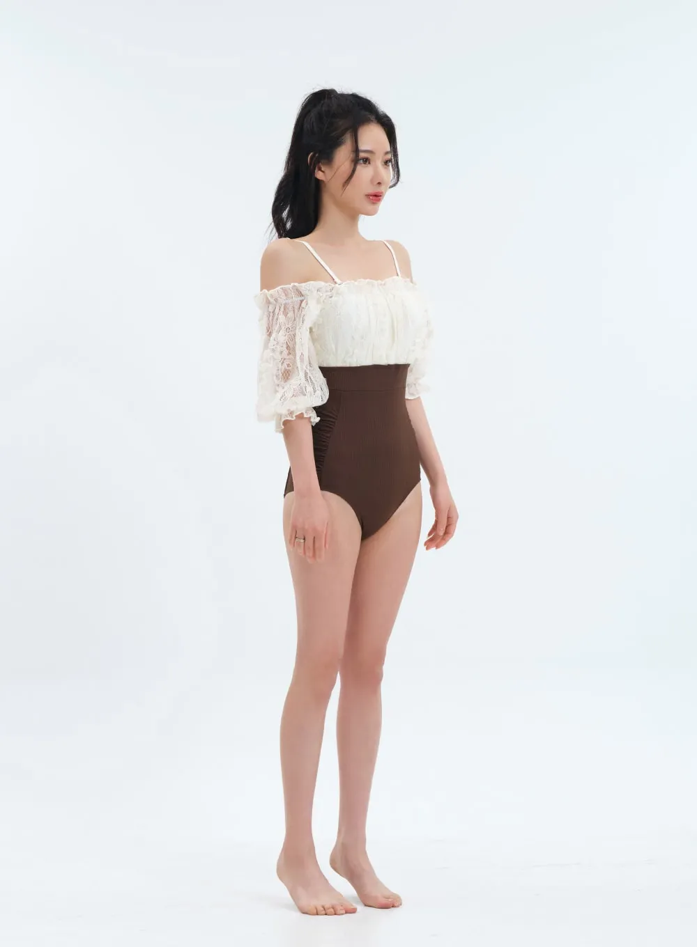 Off the Shoulder Lace Top One Piece Swimsuit