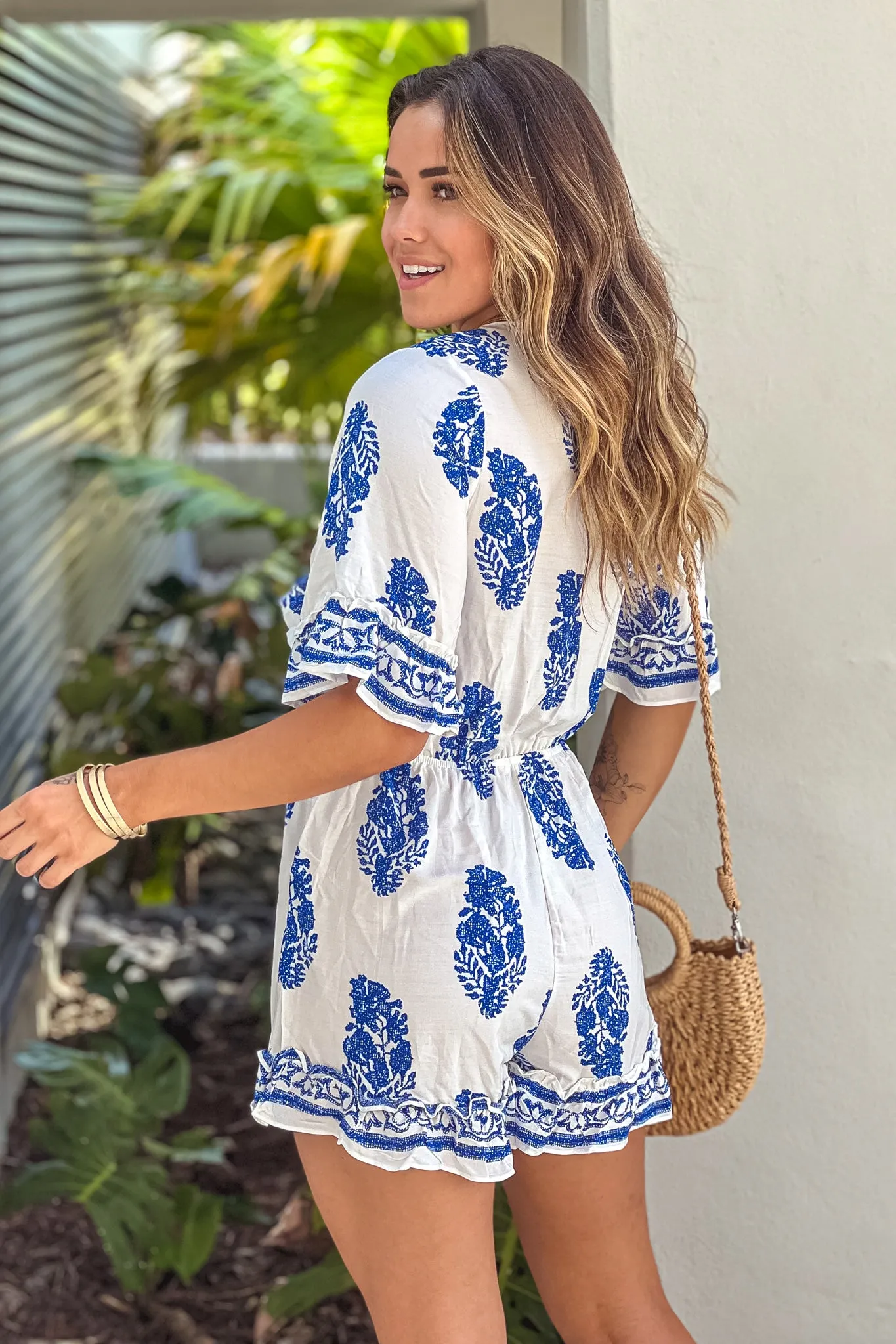 Off White Printed Romper With Cut Out